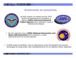 14
Acelerando as pesquisas
Os EUA criaram no mesmo ano de 1957,
dentro do Departamento de Defesa, a
agência ARPA (Advanced Research
Project Agency) para reconduzir o país à
liderança tecnológica.
• No ano seguinte criou a NASA (National Aeronautics and
Space Administration) para coordenar a cuidar
especificamente da corrida espacial.
• A ARPA quase foi desfeita, mas se reposicionou como fomentadora de diversas
tecnologias de longo prazo, sem necessariamente ter um objetivo militar específico.
 