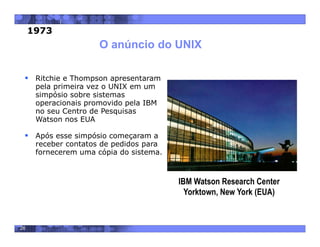 26
O anúncio do UNIX
 Ritchie e Thompson apresentaram
pela primeira vez o UNIX em um
simpósio sobre sistemas
operacionais promovido pela IBM
no seu Centro de Pesquisas
Watson nos EUA
 Após esse simpósio começaram a
receber contatos de pedidos para
fornecerem uma cópia do sistema.
IBM Watson Research Center
Yorktown, New York (EUA)
1973
 