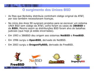 46
O surgimento dos Unixes BSD
• As fitas que Berkeley distribuía continham código original da AT&T,
por isso também necessitavam licenças.
• No início dos Anos 90 surgiram projetos para se escrever um sistema
UNIX BSD sem código da AT&T, como foram os casos do 386BSD e
da BSDi. Mesmo assim as distribuições BSD foram alvo de batalhas
judiciais (que hoje já estão encerradas).
• Em 1993 o 386BSD deu origem aos sistemas NetBSD e FreeBSD.
• Em 1996 surgiu o OpenBSD, derivado do NetBSD.
• Em 2003 surgiu o DragonFlyBSD, derivado do FreeBSD.
 