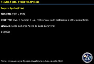 RUMO À LUA: PROJETO APOLLO
Projeto Apollo (EUA)
PROJETO: 1961 a 1972
OBJETIVO: levar o homem à Lua, realizar coleta de materiais e análises científicas.
LOCAL: Estação da Força Aérea de Cabo Canaveral
ETAPAS:
Fonte: https://nssdc.gsfc.nasa.gov/planetary/lunar/apollo.html
 