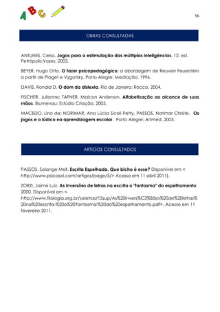 56
OBRAS CONSULTADAS
ANTUNES, Celso. Jogos para a estimulação das múltiplas inteligências. 12. ed.
Petrópolis:Vozes, 2003.
BEYER, Hugo Otto. O fazer psicopedagógico: a abordagem de Reuven Feuerstein
a partir de Piaget e Vygotsky. Porto Alegre: Mediação, 1996.
DAVIS, Ronald D. O dom da dislexia. Rio de Janeiro: Rocco, 2004.
FISCHER, Julianne; TAFNER, Malcon Anderson. Alfabetização ao alcance de suas
mãos. Blumenau: Estúdio Criação, 2005.
MACEDO, Lino de; NORIMAR, Ana Lúcia Sícoli Petty, PASSOS, Norimar Christe. Os
jogos e o lúdico na aprendizagem escolar. Porto Alegre: Artmed, 2005.
ARTIGOS CONSULTADOS
PASSOS, Solange Moll. Escrita Espelhada. Que bicho é esse? Disponível em <
http://www.psicosol.com/artigos/page/5/> Acesso em 11 abril 2011).
ZORZI, Jaime Luiz. As inversões de letras na escrita o "fantasma" do espelhamento.
2000. Disponível em <
http://www.filologia.org.br/soletras/15sup/As%20invers%C3%B5es%20de%20letras%
20na%20escrita-%20o%20'fantasma'%20do%20espelhamento.pdf>. Acesso em 11
fevereiro 2011.
 