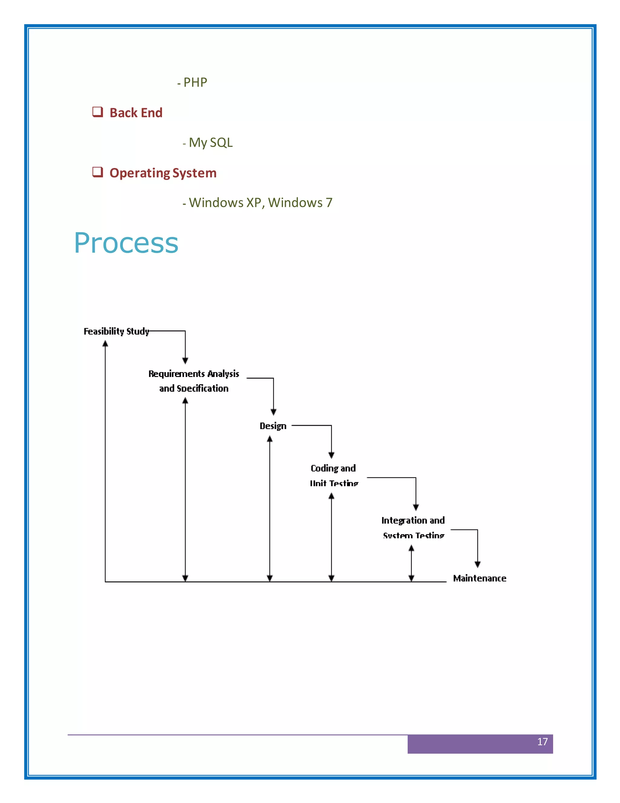 17
- PHP
 Back End
- My SQL
 Operating System
- Windows XP, Windows 7
Process
 