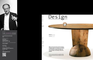 The Inner Edge #4
1/I
Cover Story
Iconic
Design
Quali sono i caratteri che trasformano un progetto di design
in un’icona senza tempo? Quali sono i dettagli di stile che gli
permettono di attraversare le epoche, aumentando in valore
e in pregio?
What are the characters that transform
a design project in a timeless icon? What
are the details of style that allow it to
cross the ages, increasing in value and
quality?
2014 was crucial for Estel
Il 2014 è stato fondamentale per Estel
“La nostra azienda si presenta dopo sei anni di stagnazione e cambiamenti con una veste
nuova a livello internazionale. A sancire il New Deal anche la firma di una prestigiosa
commessa nella Silicon Valley (Apple inc.) e l’apertura di una prima nuova showroom a Miami.
L’attenzione al mercato americano vuol mettere a frutto la grande expertise capitalizzata in
quasi 80 anni di storia nell’arredo residenziale di alta gamma, nelle forniture per prestigiosi
uffici internazionali, e nel ricco e complesso mercato Contract. 
Nell’ ottobre di quest’anno abbiamo presentato a Colonia la nostra nuova identità:sintesi di
una nuova visione l’Office Living. La combinazione dei Know-how Office ed Home permetterà di
affrontare l’interior design di un edificio dalle aree comuni, agli uffici operativi, direzionali, relax,
meeting bar, caffetteria, lounge conciliando con calore e design i luoghi di relazione con quelli
più intimi. Confort, funzionalità, illuminazione e acustica trovano risposte nelle collezioni che
stiamo iniziando a presentare. 
Dare risposte a progetti complessi è la mission che Estel si pone per offrire soluzioni concrete e
affascinanti alle mutate esigenze del lavoro e dell’Habitat. Per celebrare questo nuovo incontro,
abbiamo scelto un simbolo:Miami. Realizzeremo proprio qui nella prossima primavera un
evento speciale nel nostro nuovo spazio contiguo al Design District. Promuoveremo qui a
Miami incontri tra l’arte e il design ove saremo lieti di incontrarvi e intrattenervi”.
“After six years of stagnation and change our company is reintroducing itself with
a new look at an international level.To sanction the New Deal there is also the
signature of an agreement for a prestigious project in the Silicon Valley (Apple
Inc.) and the opening of our first new showroom in Miami. Our attention to the
American market wants to capitalize on the vast expertise that takes advantage
of nearly the 80 years of history in high-end residential furnishings, in supplying
prestigious international offices, and in the rich and complex Contract market.
In October of this year we introduced our new identity in Cologne:a synthesis of
the new vision of Office Living.The combination of Office and Home know-how
will allow us to deal with the interior of Building from the common areas to the
operational and management offices, to areas of relaxation, cafes for meetings
to cafeterias to lounge areas, unifying with warmth and design the work places
with those of a more intimate setting. Comfort, function, lighting and acoustics
all find solutions in the collections that we are beginning to present.
Giving answers to complex projects is the mission that Estel has for offering
concrete and fascinating solutions to the changing needs of work and Habitat.
To celebrate this new encounter, we chose a symbol:Miami.
Next spring we will put on a special event right here in our new space adjacent
to the Design District. Right here in Miami we will be promoting meetings
between art and design where we will be happy to meet and entertain you”.
Alberto Stella, CEO Estel
PUBLISHED BY / EDITO DA
Estel Group
Via Santa Rosa 70
36016 Thiene (VI) - Italy
DIRECTOR AND EDITOR IN CHIEF / DIRETTORE EDITORIALE
Patrizia Coggiola
ART DIRECTION
Paolo Pileggi
PRINTED BY / STAMPATO PRESSO
Compagnia Nazionale Italiana S.r.l.
Zané (VI) - Italy
ONLINE
theinneredge.estel.com
i n s p i r i n g p r e s p e c t i v e s i n c o n t e m p o r a r y w o r k p l a c e
THE (INNER) EDGE
COLOPHON
Issue #04 December/Dicembre
2014
Brancusi table,
design Enrico Tonucci for Estel.
Tavolo Brancusi,
design Enrico Tonucci per Estel.
 