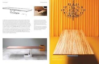 The Inner Edge #4 The productThe Niemeyer 1985 TableThe Niemeyer 1985 Table
Nel 1985 Estel ha commissionato ad Oscar Niemeyer
un tavolo da conferenza. Ciò che egli ha immaginato
interpretava pienamente la duplice vocazione del brand
di design italiano, ovvero di saper vivere la casa e l’ufficio
in maniera fluida. Il tavolo, rivolto sia agli spazi domestici
che a quelli direzionali, è caratterizzato da una base
importante:una gamba scultorea realizzata in legno
rivestito di acciaio spazzolato, con piastre di contrappeso
interno.
I piani possono essere realizzati in vetro trasparente e in
un’ampia scelta di legni masselli. Il tavolo Niemeyer 1985
di Estel trova la sua destinazione ideale tanto nelle aree
living domestiche che nelle sale dirigenziali da ufficio.
Declinato anche in versione doppia, può raggiungere
anche la lunghezza di 4,8 metri.
In 1985 Estel commissioned Oscar Niemeyer to create a conference table. What he
imagined fully interpreted the dual vocation of the Italian design company, knowing
how to smoothly move between home and office.The table, with both high-profile
home interiors and office executive spaces in mind, is characterized by an important
base:one single sculptural leg made in wood covered with brushed steel, with internal
counter- weight plates. Drawing strength from this pedestal’s utopian shape, modelled
on Hispanic baroque curves, the Niemeyer 1985 Table is transfigured into a timeless
sculpture,“a cathedral in the desert destined for the conscience of the human race”.
The top can be either in floating tempered glass or in a vast selection of solid wood
finish.The collection has been expanded with rectangular double versions with clear
glass top finishes paired with leather.The Estel Niemeyer 1985 table fits both in
domestic and public living areas, such as executive offices. Presented in the double
version, can reach a length of 188 inches.
2/III2/II
The new version of the table designed in 1985 by Oscar
Niemeyer for Estel has a solid wood top carefully smoothed
and tapered along the length.
La nuova versione del tavolo progettato da Oscar Niemeyer nel
1985 per Estel presenta un piano in legno massello attentamente
smussato e rastremato nel senso della lunghezza.
 