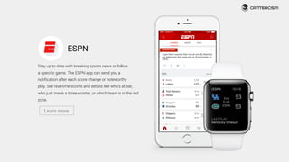ESPN
Stay up to date with breaking sports news or follow  
a specific game. The ESPN app can send you a
notification after...