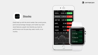 Stocks
Easily keep up with the stock market. See current prices,
point and percentage changes, and market cap. Each
stock ...