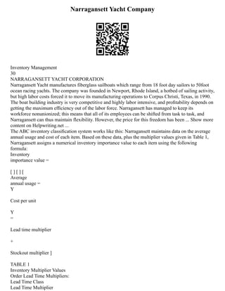 Narragansett Yacht Company
Inventory Management
30
NARRAGANSETT YACHT CORPORATION
Narragansett Yacht manufactures fiberglass sailboats which range from 18 foot day sailors to 50foot
ocean racing yachts. The company was founded in Newport, Rhode Island, a hotbed of sailing activity,
but high labor costs forced it to move its manufacturing operations to Corpus Christi, Texas, in 1990.
The boat building industry is very competitive and highly labor intensive, and proﬁtability depends on
getting the maximum efﬁciency out of the labor force. Narragansett has managed to keep its
workforce nonunionized; this means that all of its employees can be shifted from task to task, and
Narragansett can thus maintain flexibility. However, the price for this freedom has been ... Show more
content on Helpwriting.net ...
The ABC inventory classiﬁcation system works like this: Narragansett maintains data on the average
annual usage and cost of each item. Based on these data, plus the multiplier values given in Table 1,
Narragansett assigns a numerical inventory importance value to each item using the following
formula:
Inventory
importance value =
[ ] [ ] [
Average
annual usage =
Y
Cost per unit
Y
=
Lead time multiplier
+
Stockout multiplier ]
TABLE 1
Inventory Multiplier Values
Order Lead Time Multipliers:
Lead Time Class
Lead Time Multiplier
 