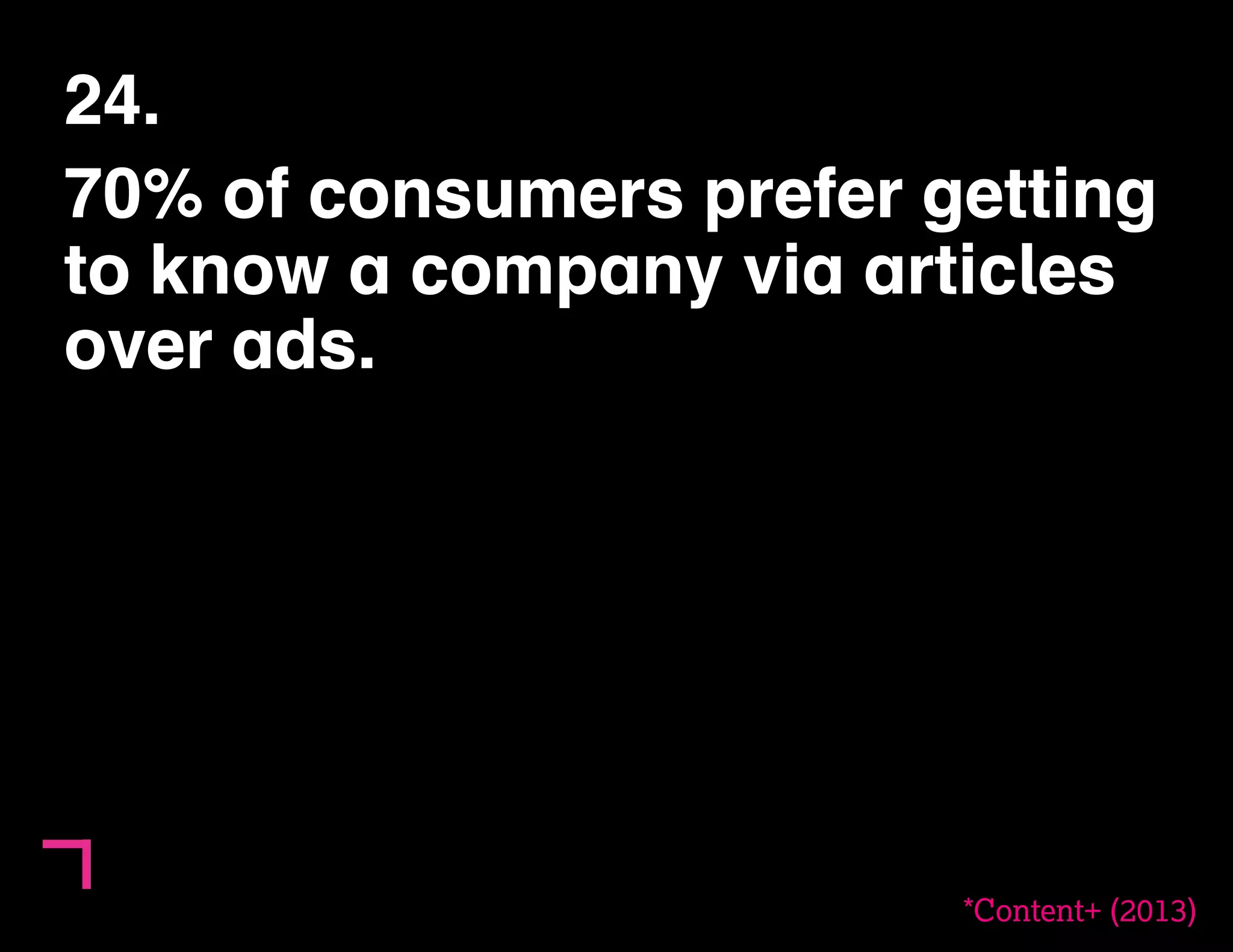 24. 
70% of consumers prefer getting 
to know a company via articles 
over ads. 
*Content+ (2013) 
 