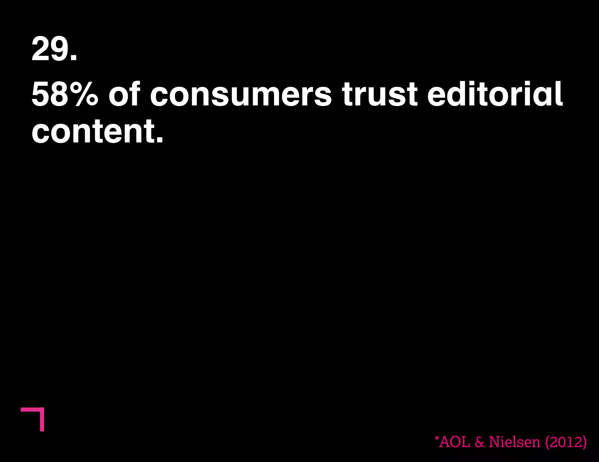 29. 
58% of consumers trust editorial 
content. 
*AOL & Nielsen (2012) 
 