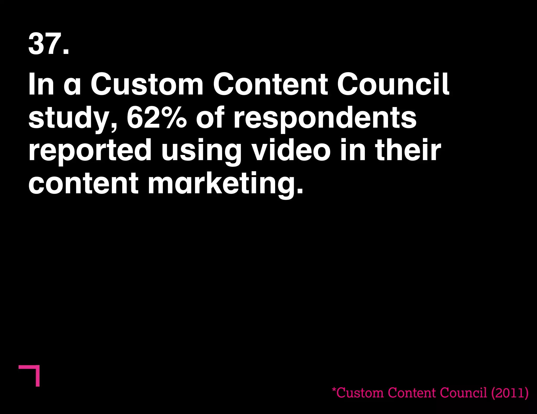 37. 
In a Custom Content Council 
study, 62% of respondents 
reported using video in their 
content marketing. 
*Custom Content Council (2011) 
 