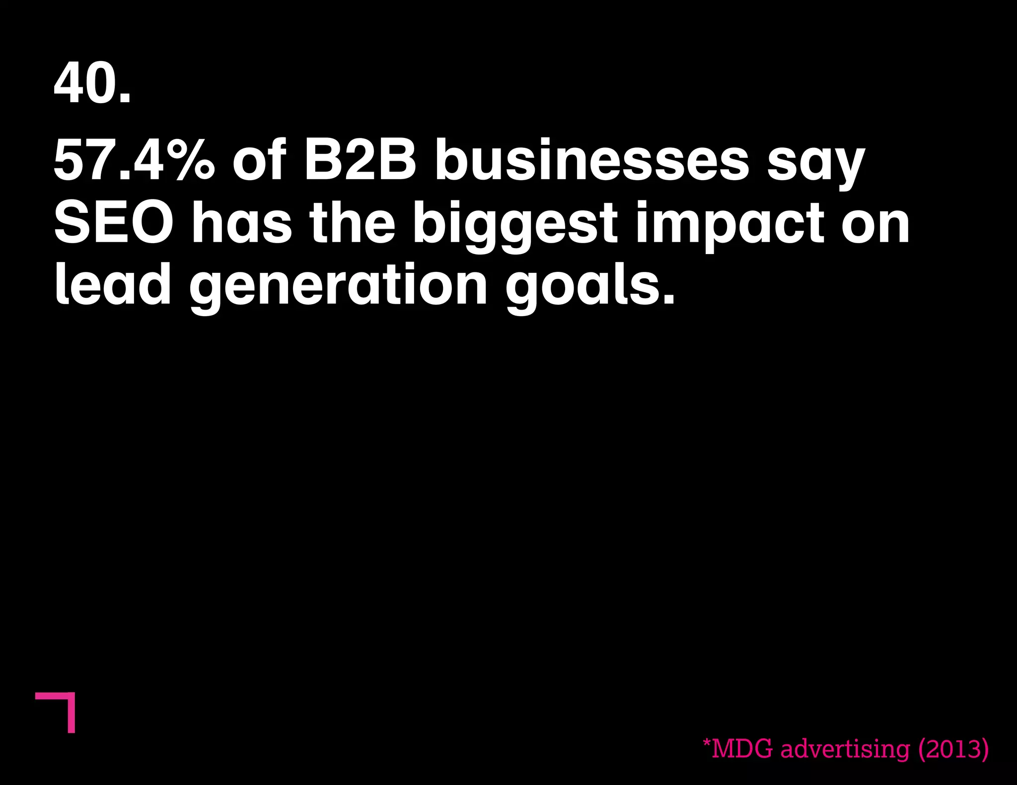 40. 
57.4% of B2B businesses say 
SEO has the biggest impact on 
lead generation goals. 
*MDG advertising (2013) 
 