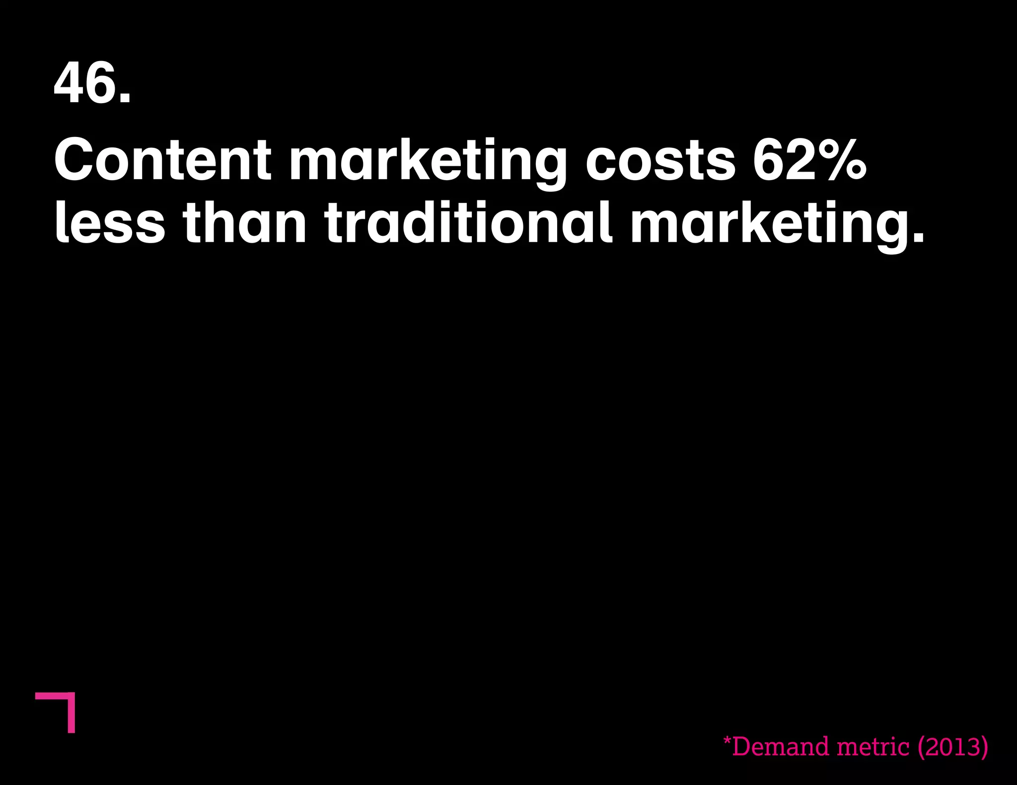 46. 
Content marketing costs 62% 
less than traditional marketing. 
*Demand metric (2013) 
 