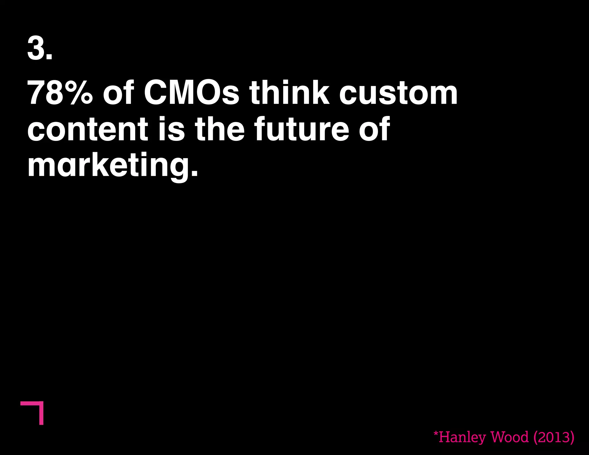 3. 
78% of CMOs think custom 
content is the future of 
marketing. 
*Hanley Wood (2013) 
 