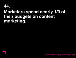 44. 
Marketers spend nearly 1/3 of 
their budgets on content 
marketing. 
*Content Marketing Institute (2011) 
 