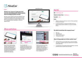 AliveCor has a device & application that
turns any smartphone into a clinical-quality
electrocardiogram (ECG) recorder.
All data can be viewed via the free AliveECG app
and via AliveInsights, their paid analysis service,
patients can get access to expert insight on their
ECG readings without waiting for a doctor’s
appointment.
Record Accurate ECGs
Patients can send recordings,
along with notes on any
symptoms they may have for a
technical or clinical review.
AliveInsights provides several
service options to choose
from, available 24/7.
Share Records with
doctor
Data Insights
Record heart rhythms along
with your symptoms, lifestyle
activities and medications.
Clinical studies demonstrated
the AliveCor Heart Monitor’s
accuracy to be comparable to
readings from Lead 1 of
standard ECG machines.
You can easily and
automatically share ECGs, AF
episodes and symptoms you’re
feeling with your doctor using
email, PDFs or the Provider
Dashboard.
‣ Big-Data
‣ Quantified Self
‣ Product with a Service
‣ “The Internet of Me”
‣ Getting reports on your health status, only by providing
your data, is a different approach patients are not always
comfortable with.
‣ In comparison to the solution offered by AliveCor, existing
professional ECG systems look overrated.
All you need to know
On which trends does this company focus?
Does it bring people out of their comfort zone?
Key info
Facts
‣ AliveCor released a veterinary version of their app ahead
of the one for humans.
‣ In Aug 2014 AliveCor receives first FDA clearance to
detect a serious heart condition in an ECG on a mobile
device.
HQ San Francisco, US
Industry to learn from Healthcare
Founded 2011
www.alivecor.com
BOARDOFINNOVATION.COM
 