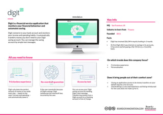 Digit is a financial service application that
monitors your financial behaviour and
automates saving.
Digit connects to your bank account and monitors
your income and spending habits. It automatically
transfers money you don’t need to your Digit
saving account. You can manage the saving
account by simple text messages.
Frictionless experience
You can access your Digit
saving account by sending
Digit a text message.
Transferring money from a
Digit account to a checking
account is free of charge.
No-overdraft guarantee Access by text
Digit calculates the perfect
amount of money to set aside
every day — based on the
users’ income and spending —
and automatically saves it.
If the user overdrafts because
of Digits savings, Digit
reimburses the overdraft fees
incurred by the user.
‣ Frictionless experience
‣ Personalisation
‣ Giving an application access to do money transfers on your
behalf requires a lot of trusts.
‣ Overdrafting is a very bad experience and being reimbursed
for the costs does not make up for it.
All you need to know
On which trends does this company focus?
Does it bring people out of their comfort zone?
Key info
Facts
‣ Digit has received $36.3M in equity funding in 3 rounds
‣ At first Digit didn’t pay interest on savings in its accounts,
it has since started paying a flat 1% fee on a 3 monthly
basis.
HQ San Fransisco, US
Industry to learn from Finance
Founded 2013
www.digit.co
BOARDOFINNOVATION.COM
 