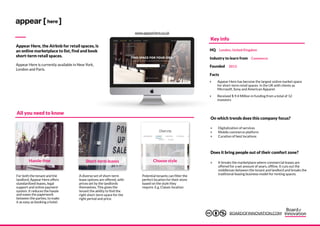 Appear Here, the Airbnb for retail spaces, is
an online marketplace to list, find and book
short-term retail spaces.
Appear Here is currently available in New York,
London and Paris.
Hassle-free
Potential tenants can filter the
perfect location for their store
based on the style they
require. E.g. Classic location
Short-term leases Choose style
For both the tenant and the
landlord, Appear Here offers
standardized leases, legal
support and online payment
system. It reduces the hassle
and eases the paperwork
between the parties, to make
it as easy as booking a hotel.
A diverse set of short-term
lease options are offered, with
prices set by the landlords
themselves. This gives the
tenant the ability to find the
right short-term space for the
right period and price.
‣ Digitalization of services
‣ Mobile commerce platform
‣ Curation of best locations
‣ It breaks the marketplace where commercial leases are
offered for a set amount of years, offline. It cuts out the
middleman between the tenant and landlord and breaks the
traditional leasing business model for renting spaces.
All you need to know
On which trends does this company focus?
Does it bring people out of their comfort zone?
Key info
Facts
‣ Appear Here has become the largest online market space
for short-term retail spaces in the UK with clients as
Microsoft, Sony and American Apparel.
‣ Received $ 9.4 Million in funding from a total of 12
investors
HQ London, United Kingdom
Industry to learn from Commerce
Founded 2013
www.appearhere.co.uk
BOARDOFINNOVATION.COM
 