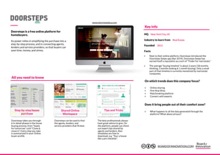Doorsteps is a free online platform for
homebuyers.
Its power relies in simplifying the purchase into a
step-by-step process, and in connecting agents,
lenders and service providers, so that buyers can
save time, money, and stress.
Step-by-step house
purchase
The best professionals always
have great advice to give. On
the platform, people can check
out expert tips shared by
agents and lenders. Also
templates are free to
download, e.g. “Tour a house
like a pro checklist”.
Shared Online
Workspace
Tips and Tricks
Doorsteps takes you through
6 in-detail phases in the house
buying process, from “hopes
for tomorrow” until “Close &
move in”. Every step you take
is summarized in your Online
buyer profile.
Doorsteps can be used to find
the agents, lenders, and
service providers that fit best.
‣ Online sharing
‣ One Stop Shop
‣ Matchmaking platform
‣ Connect with experts
‣ What happens to all the data generated through the
platform? What about privacy?
All you need to know
On which trends does this company focus?
Does it bring people out of their comfort zone?
Key info
Facts
‣ Next to their online platform, Doorsteps introduced the
Doorsteps Swipe app (Apr 2014). Doorsteps Swipe has
earned itself a reputation as a sort of “Tinder for real estate.”
‣ The average “buying timeline” is about 2 years (18 months
thinking, 3 months looking & 1 month buying). Only a small
part of that timeline is currently monetized by real estate
companies.
HQ New York City, US
Industry to learn from Real Estate
Founded 2012
www.doorstepsbuy.com
BOARDOFINNOVATION.COM
 