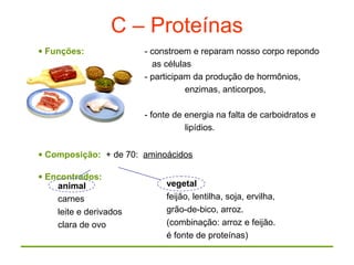 C – Proteínas
• Funções: - constroem e reparam nosso corpo repondo
as células
- participam da produção de hormônios,
enzimas, anticorpos,
hemoglobina.
- fonte de energia na falta de carboidratos e
lipídios.
• Composição: + de 70: aminoácidos
• Encontrados:
animal
carnes
leite e derivados
clara de ovo
vegetal
feijão, lentilha, soja, ervilha,
grão-de-bico, arroz.
(combinação: arroz e feijão.
é fonte de proteínas)
 