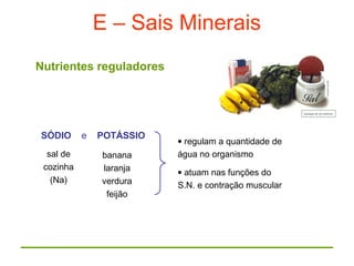 E – Sais Minerais
Nutrientes reguladores
SÓDIO e POTÁSSIO
sal de
cozinha
(Na)
banana
laranja
verdura
feijão
• regulam a quantidade de
água no organismo
• atuam nas funções do
S.N. e contração muscular
 