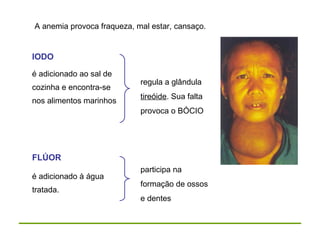 A anemia provoca fraqueza, mal estar, cansaço.
IODO
é adicionado ao sal de
cozinha e encontra-se
nos alimentos marinhos
regula a glândula
tireóide. Sua falta
provoca o BÓCIO
FLÚOR
é adicionado à água
tratada.
participa na
formação de ossos
e dentes
 