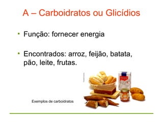 A – Carboidratos ou Glicídios
• Função: fornecer energia
• Encontrados: arroz, feijão, batata,
pão, leite, frutas.
Exemplos de carboidratos
 