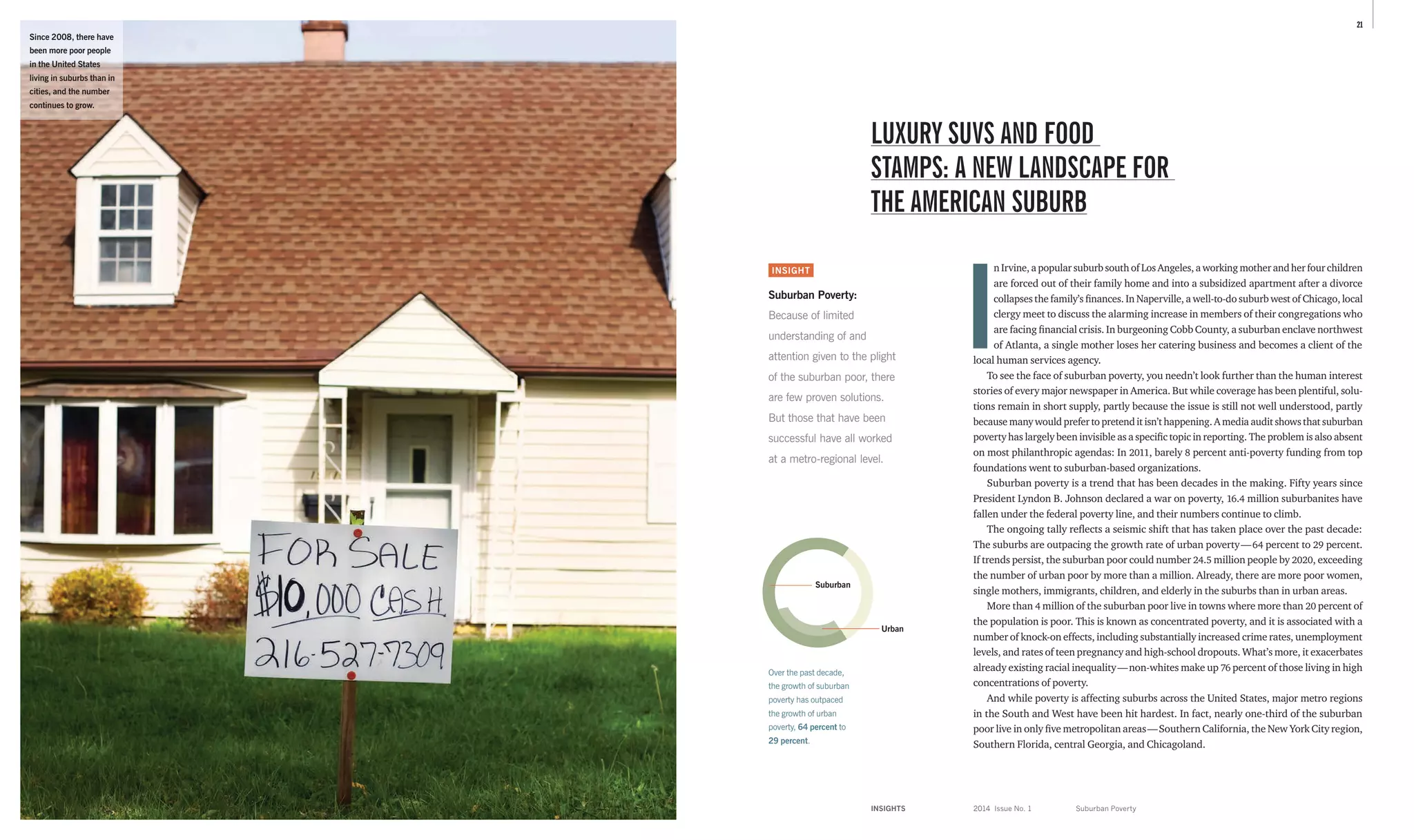 INSIGHTS	 2014 Issue No. 1
21
I
n Irvine, a popular suburb south of Los Angeles, a working mother and her four children
are forced out of their family home and into a subsidized apartment after a divorce
collapses the family’s finances. In Naperville, a well-to-do suburb west of Chicago, local
clergy meet to discuss the alarming increase in members of their congregations who
are facing financial crisis. In burgeoning Cobb County, a suburban enclave northwest
of Atlanta, a single mother loses her catering business and becomes a client of the
local human services agency.
To see the face of suburban poverty, you needn’t look further than the human ­interest
stories of every major newspaper in America. But while coverage has been plentiful, solu-
tions remain in short supply, partly because the issue is still not well understood, partly
because many would prefer to pretend it isn’t happening. A media audit shows that suburban
poverty has largely been invisible as a specific topic in reporting. The problem is also absent
on most philanthropic agendas: In 2011, barely 8 percent anti-­poverty funding from top
foundations went to suburban-based organizations.
Suburban poverty is a trend that has been decades in the making. Fifty years since
President Lyndon B. Johnson declared a war on poverty, 16.4 million suburbanites have
fallen under the federal poverty line, and their numbers continue to climb.
The ongoing tally reflects a seismic shift that has taken place over the past decade:
The suburbs are outpacing the growth rate of urban poverty — 64 percent to 29 ­percent.
If trends persist, the suburban poor could number 24.5 million people by 2020, exceeding
the number of urban poor by more than a million. Already, there are more poor women,
single mothers, immigrants, children, and elderly in the suburbs than in urban areas.
More than 4 million of the suburban poor live in towns where more than 20 percent of
the population is poor. This is known as concentrated poverty, and it is associated with a
number of knock-on effects, including substantially increased crime rates, unemployment
levels, and rates of teen pregnancy and high-school dropouts. What’s more, it exacerbates
already existing racial inequality — non-whites make up 76 percent of those living in high
concentrations of poverty.
And while poverty is affecting suburbs across the United States, major metro regions
in the South and West have been hit hardest. In fact, nearly one-third of the suburban
poor live in only five metropolitan areas — Southern California, the New York City region,
Southern Florida, central Georgia, and Chicagoland.
INSIGHT
Suburban Poverty:
Because of limited
under­standing of and
attention given to the plight
of the suburban poor, there
are few proven solutions.
But those that have been
successful have all worked
at a metro-regional level.
LUXURY SUVS AND FOOD
STAMPS: A NEW LANDSCAPE FOR
THE AMERICAN SUBURB
Suburban
Over the past decade,
the growth of suburban
poverty has outpaced
the growth of urban
poverty, 64 percent to
29 percent.
Suburban Poverty
Urban
Since 2008, there have
been more poor people
in the United States
living in suburbs than in
cities, and the number
continues to grow.
 
