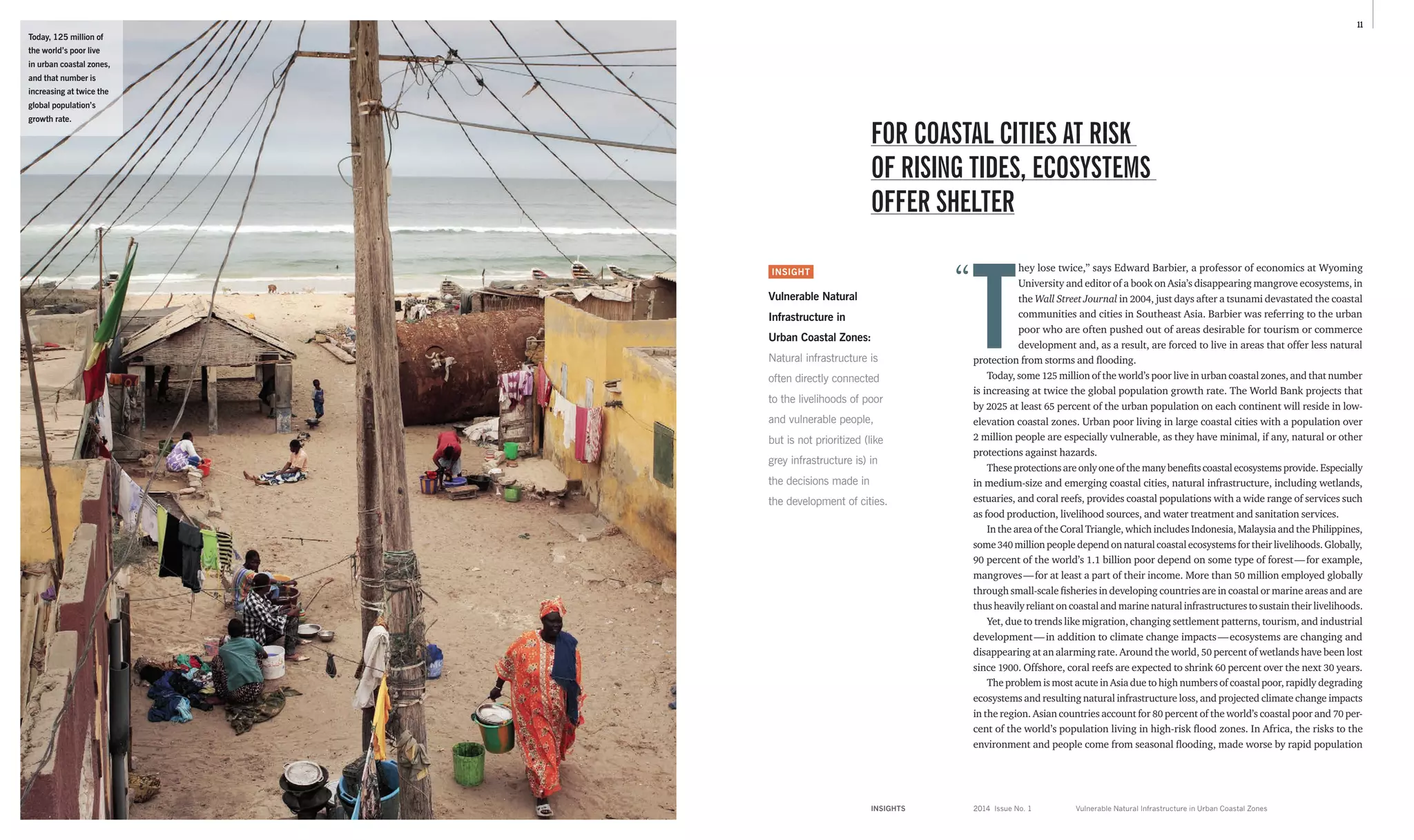 INSIGHTS	 2014 Issue No. 1
11
T
hey lose twice,” says Edward Barbier, a professor of economics at Wyoming
­University and editor of a book on Asia’s disappearing mangrove ecosystems, in
the Wall Street Journal in 2004, just days after a tsunami devastated the coastal
communities and cities in Southeast Asia. Barbier was referring to the urban
poor who are often pushed out of areas desirable for tourism or commerce
development and, as a result, are forced to live in areas that offer less natural
protection from storms and flooding.
Today, some 125 million of the world’s poor live in urban coastal zones, and that number
is increasing at twice the global population growth rate. The World Bank projects that
by 2025 at least 65 percent of the urban population on each continent will reside in low-­
elevation coastal zones. Urban poor living in large coastal cities with a population over
2 million people are especially vulnerable, as they have minimal, if any, natural or other
protections against hazards.
Theseprotectionsareonlyoneofthemanybenefitscoastalecosystemsprovide.­Especially
in medium-size and emerging coastal cities, natural infrastructure, including wetlands,
estuaries, and coral reefs, provides coastal populations with a wide range of services such
as food production, livelihood sources, and water treatment and sanitation services.
In the area of the Coral Triangle, which includes Indonesia, Malaysia and the ­Philippines,
some 340 million people depend on natural coastal ecosystems for their livelihoods. Globally,
90 percent of the world’s 1.1 billion poor depend on some type of forest — for example,
mangroves — for at least a part of their income. More than 50 million employed globally
through small-scale fisheries in developing countries are in coastal or marine areas and are
thus heavily reliant on coastal and marine natural infrastructures to sustain their livelihoods.
Yet, due to trends like migration, changing settlement patterns, tourism, and industrial
development — in addition to climate change impacts — ecosystems are changing and
disappearing at an alarming rate. Around the world, 50 percent of wetlands have been lost
since 1900. Offshore, coral reefs are expected to shrink 60 percent over the next 30 years.
The problem is most acute in Asia due to high numbers of coastal poor, rapidly ­degrading
ecosystems and resulting natural infrastructure loss, and projected climate change impacts
in the region. Asian countries account for 80 percent of the world’s coastal poor and 70 per-
cent of the world’s population living in high-risk flood zones. In Africa, the risks to the
environment and people come from seasonal flooding, made worse by rapid population
INSIGHT
Vulnerable Natural
Infrastructure in
Urban Coastal Zones:
Natural infrastructure is
often directly connected
to the livelihoods of poor
and vulnerable people,
but is not prioritized (like
grey infrastructure is) in
the decisions made in
the development of cities.
FOR COASTAL CITIES AT RISK
OF RISING TIDES, ECOSYSTEMS
OFFER SHELTER
“
Vulnerable Natural Infrastructure in Urban Coastal Zones
Today, 125 million of
the world’s poor live
in urban coastal zones,
and that number is
increasing at twice the
global population’s
growth rate.
 