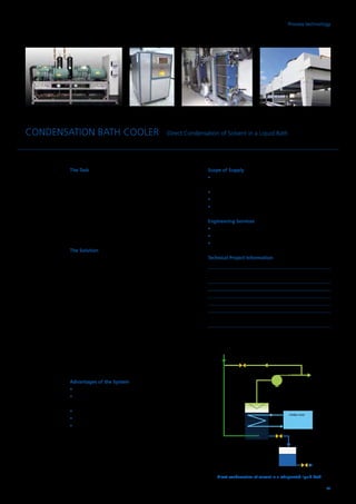 CONDENSATION BATH COOLER Direct Condensation of Solvent in a Liquid Bath
Solvent-loaded
Exhaust Gas
Cleaned
Exhaust Gas
Tank with
Liquid Bath
Chiller Unit
Condensate
Storage Tank
Fan
Direct condensation of solvent in a refrigerated liquid bath
The Task
For high pollutant and/or solvent concentrations in the waste
gas from a production plant, a suitable separation process is
to be used for the separation of the solvents and/or the pol-
lutants. As a function of the emitting process and depending
on the production step, the waste gas is laden with solvents,
plasticisers, fuels and propellants, oils, aromatic compounds
or paraffin. The solvents are to be recovered as a recyclable
material. For further use, the solvents are to be available
directly in a liquid form.
The Solution
To recover and separate the solvents direct condensation in a
liquid storage cooler is provided for as a thermal separation
process. In this case it is a bubble column in which the evap-
orator package built into a tank cools down the liquid in the
tank. The liquid corresponds as a rule to the composition of
the condensate from the waste gas stream. The waste gas
stream to be condensed is fed into the tank via a perforated
plate and, as a bubble column, it is conveyed through the li-
quid storage tank with the help of a fan. The waste gas con-
taining solvent cools in the bubble column to the tempera-
ture set in the storage vessel below the dew point of the
compounds. The condensate forming is collected directly in
the liquid. The liquid storage vessel cooler is kept constantly
at the condensation temperature selected. The solvent con-
centration at the outlet from the system corresponds to the
saturation concentration of the solvent used.
Advantages of the System
•	 Low tendency to ice over, no misting
•	Plasticisers/paraffins contained in the waste gas are largely
dissolved and are separated
•	 No deposits at all are built up
•	 The liquid storage vessel cooler constantly cleans itself
•	Heat exchange takes place directly and with optimum
efficiency
Scope of Supply
•	Condensing equipment including fan for waste
gas conveying
•	Evaporator package for cooling the liquid storage vessel
•	Cooling unit
•	Instrumentation and equipment control system
Engineering Services
•	Engineering
•	 Production and delivery
•	 Erection, commissioning and service
Technical Project Information
Throughput rate		 20 to 1,700 Nm3
/h
Waste gas temperature	 0°C to 80°C
at inlet
Condensation temperature	 10°C to  –45°C
Service pressure		 0.85 to 10 bars
Condensation power	 Up to 70 kW
Mode of operation		 Continuous/discontinuous
Solvent concentration	 0 to 100% solvent
			saturation (fluid)
Control range,		 0 to design volume flow rate
volume flow rate		 (0–100%)
51
Process technology
 