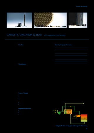 Catalytic exhaust air cleaning plant with recuperative heat recovery
The Task
In a chemical/pharmaceutical production plant, exhaust air
containing pollutants that contain volatile organic compounds
(VOCs) is emitted. Due to the operational mode of the pro-
duction plant markedly fluctuating, exhaust air quantities and
different VOC concentrations are released. At a low oxidation
temperature the exhaust air is to be cleaned according to the
emission limit values set out by the German Air Pollution Control
Regulations (TA-Luft) before it is discharged into the ambient air.
The Solution
For safe and environmentally friendly removal of the volatile
organic compounds (VOC), a catalytic exhaust air cleaning
plant is used. The plant is able to respond both to the fluc-
tuating exhaust gas quantities and to the different concen-
trations. As a result of the use of the catalyst, the oxidation
temperature – adapted as required – for the conversion of the
organic compounds is lowered in comparison with thermal
oxidation. Catalytic reaction is exothermic and releases thermal
energy during catalytic oxidation. With the use of a highly
efficient heat exchanger, auto-thermal operation becomes
possible due to heat recovery already taking place at low
VOC concentrations. Recuperative heat recovery takes place
in order to ensure reliable separation of exhaust air and clean air.
Scope of Supply
•	Fan for conveying the exhaust air stream
•	Reactor with catalyst material
•	Heat exchangers for recuperative preheating of the
exhaust air stream
•	Heating equipment designed as burners
•	Instrumentation and plant control system
Engineering Services
•	Engineering
•	 Production and delivery
•	 Erection, commissioning and service
Technical Project Information
Exhaust air volume flow rate	 5,000 Nm3
/h
Exhaust air temperature	 30°C
Pollutant concentration 	 2–10 g/Nm3
(VOC)
Clean gas value		 20 mg/Nm3
VOC
Auto-thermal operation from	 3 g/Nm3
VOC concentration of
Installed burner output	 200 kW
Service pressure		 Atmospheric
Operating mode		 Continuous
CATALYTIC OXIDATION (CatOx) with recuperative Heat Recovery
53
Heat Exchanger
Fan
Air Heater
Combustion
Air
Reactor
Catalyst
Clean Air
Clean Air
Bypass
Polluted Air
Natural
Gas
Start-up-air
Process technology
 