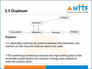 2.5 Duplexer
Duplexer
It alternately switches the antenna between the transmitter and
receiver so that only one antenna need to be used.
This switching is necessary because the high-power pulses of the
transmitter would destroy the receiver if energy were allowed to
enter the receiver point.
 