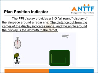 The PPI display provides a 2-D "all round" display of
the airspace around a radar site. The distance out from the
center of the display indicates range, and the angle around
the display is the azimuth to the target.
Plan Position Indicator
 