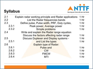 2.1 Explain radar working principle and Radar applications 1 Hr
2.2 List the Radar frequencies bands 1 Hr
2.3 Define pulse, Pulse width, PRF, Duty cycles, 1 Hr
2.3.1 Peak power, Average power 1 Hr
2.3.2 Simple problems 1 Hr
2.4 Write and explain the Radar range equation
Discuss the factors affecting radar range 1 Hr
2.5 Discuss Duplexer and Display systems - 1 Hr
2.5.1 and List the types 1 Hr
2.6 Explain type of Radar:
2.6.1 Pulse and 1 Hr
2.6.2 CW 1 Hr
2.6.3 FMCW 1 Hr
2.6.4 MTI 1 Hr
Syllabus
 