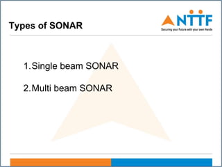 Types of SONAR
1.Single beam SONAR
2.Multi beam SONAR
 