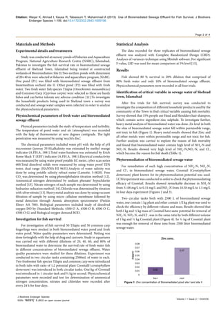 Citation: Waqar K, Ahmad I, Kausa R, Tabassum T, Muhammad A (2013) Use of Bioremediated Sewage Effluent for Fish Survival. J Biodivers
Endanger Species 1:106. doi:10.4172/ .1000106
Page 2 of 4
Volume 1 • Issue 2 • 1000106
J Biodivers Endanger Species
ISSN: JBES an open access journal
Materials and Methods
Experimental details and treatments
Study was conducted at nursery ponds of Fisheries and Aquaculture
Program, National Agriculture Research Centre (NARC), Islamabad,
Pakistan to investigate the fish survival rate in bioremediated sewage
effluent of Shehzad Town, Islamabad being treated at constructed
wetlands of Bioremediation Site II.Two earthen ponds with dimension
of 20×40 m were selected at fisheries and aquaculture program, NARC.
One pond (P1) was filled with bioremediated sewage effluent from
bioremedtion orchard site II. Other pond (P2) was filled with fresh
water. Two fresh water fish species Tilapia (Oreochromis mossambicus)
and Common Carp (Cyprinus carpio) were selected as these are hardy
fishes and can better tolerate any adverse condition [11].To investigate
the household products being used in Shehzad town a survey was
conducted and sewage water samples were collected in order to analyze
the physicochemical parameters.
Physiochemical parameters of fresh water and bioremediated
sewage effluent
Physical parameters include the study of temperature and turbidity.
The temperature of pond water and air (atmosphere) was recorded
with the help of thermometer at zero degrees centigrade. The light
penetration was measured by using ‘secchi’s disc’.
The chemical parameters included water pH with the help of pH
micrometer (jenway 3510),alkalinity was estimated by methyl orange
indicator (A.P.H.A, 1981).Total water hardness was estimated by Erich
Rome black T (EBT) indicator (A.P.H.A, 1981).Electrical conductivity
was measured by using water proof potable EC meter, cyber scan series
600.Total dissolved solids were measured by using water proof TDS
tester, dual range (HANNA-HI 9635).Analysis of water salinity was
done by using potable salinity refract meter (Lamotte. 5-0020). Free
CO2
was determined by using phenolphthalein titration method [12].
Ammonical nitrogen determined by sodium phenate/ hypochlorite
method [13]. Nitrate nitrogen of each sample was determined by using
hydrazine reduction method [14].Chloride was determined by titration
with silver nitrate [13]. Heavy metal analysis was done by using vacuum
filtration of sample by using micro cellulose membrane followed by
metal detection through Atomic absorption spectrometer (Perkin
Elmer AA 700). Biological parameters included study of dissolved
oxygen DO by (Standard Methods; 4500-O A, 4500-O B, 4500-O C,
4500-O G) and Biological oxygen demand BOD.
Investigation for fish survival
For investigation of fish survival 50 Tilapia and 50 common carp
fingerlings were stocked in both bioremediated water pond and fresh
water pond. Water quality parameters were determined. Netting was
done fortnightly with the help of drag and cast nets. Study in aquariums
was carried out with different dilutions of 20, 40, 60, and 80% of
bioremediated water to determine the survival rate of fresh water fish
in different concentrations of bioremediated sewage effluent. Water
quality parameters were studied for these dilutions. Experiment was
conducted in two circular tanks containing 2500mL of water in each.
Two freshwater fish species Tilapia and common carp were introduced
in both tubs with ratio of 1:2 potential plant Coontalil (ceratophyllum
demersum) was introduced in both circular tanks. One kg of Coontail
was introduced in 1 circular tank and ½ kg in second. Physicochemical
parameters were recorded and test for determination of ammonical
nitrogen concentration, nitrates and chlorides were recorded after
every 24 h for four days.
Statistical Analysis
The data recorded for three replicates of bioremediated sewage
effluent was analyzed with Complete Randomized Design (CRD).
Analyses of variances technique using Minitab software. For significant
F-value, LSD was used for mean comparison at 5% level [15].
Results
Fish showed 80 % survival in 20% dilution that comprised of
80% fresh water and only 10% of bioremediated sewage effluent.
Physicochemical parameters were recorded in all four trials.
Identification of critical variable in sewage water of Shehzad
town, Islamabad
After five trials for fish survival, survey was conducted to
investigate the composition of different household products used by the
community of the Town to find critical variable causing fish mortality.
Survey showed that 35% people use Head and Shoulders hair shampoo,
which contain active ingredient zinc sulphide. To investigate further,
heavy metal analysis of bioremediated water was done. Zn level in both
the sites of bioremediated sewage water fell within permissible range,
not toxic to fish (Figure 1). Heavy metal results showed that Zinc and
all other metals were within permissible range and not toxic for fish.
Further analysis was carried to explore the reason of fish mortality
and found that bioremediated water contain high level of NH4
-N and
NO3
-N. Results showed very high level of NH4
-N,NO3
-N, and Cl-
,
which become the reason for fish death (Table 1).
Phytoremediation of bioremediated sewage water
For remediation of such high concentration of NH4
-N, NO3
-N,
and Cl-
, in bioremediated sewage water, Coontail (Ceratophyllum
demersum) plant known for its phytoremediation potential was used.
LC50experimentwasconductedinordertocheckthephytoremediating
efficacy of Coontail. Results showed remarkable decrease in NH4
-N
from 31.08 mg/L to 0.31 mg/L and NO3
-N from 18.58 mg/L to 1.5 mg/L
in four days experiment (Figures 2 and 3).
Two circular tanks both with 2500 L of bioremediated sewage
water, one contain 1 kg plant and other contain 1/2 kg plant was used to
check the efficiency by different volume and mass. Results showed that
both1 kg and ½ kg mass of Coontail have same potential for removal of
NH4
-N, NO3
-N, and Cl-
, was in the same ratio by both different volume
of 1 kg and ½ kg Coontail plant (Figure 4). So ½ kg of Coontail plant
was enough for removal of these ions from 2500 litter bioremediated
sewage water.
0.02
0.07
Site l sitell
0.08
0.07
0.06
0.05
0.04
0.03
0.02
0.01
0
Zn(ppm)
Zinc conc.
Figure 1: Zinc concentration of Bioremediated pond site I and site II
 