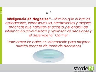 #1
Inteligencia de Negocios “…término que cubre las
aplicaciones, infraestructura, herramientas y mejores
prácticas que ha...