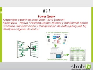 #11
Power Query
•Disponible a partir en Excel 2010 – 2013 (Add In)
•Excel 2016 – Nativo ( Pestaña Datos: Obtener y Transformar datos)
•Consulta, transformación y manipulación de datos (Lenguaje M)
•Múltiples orígenes de datos
 