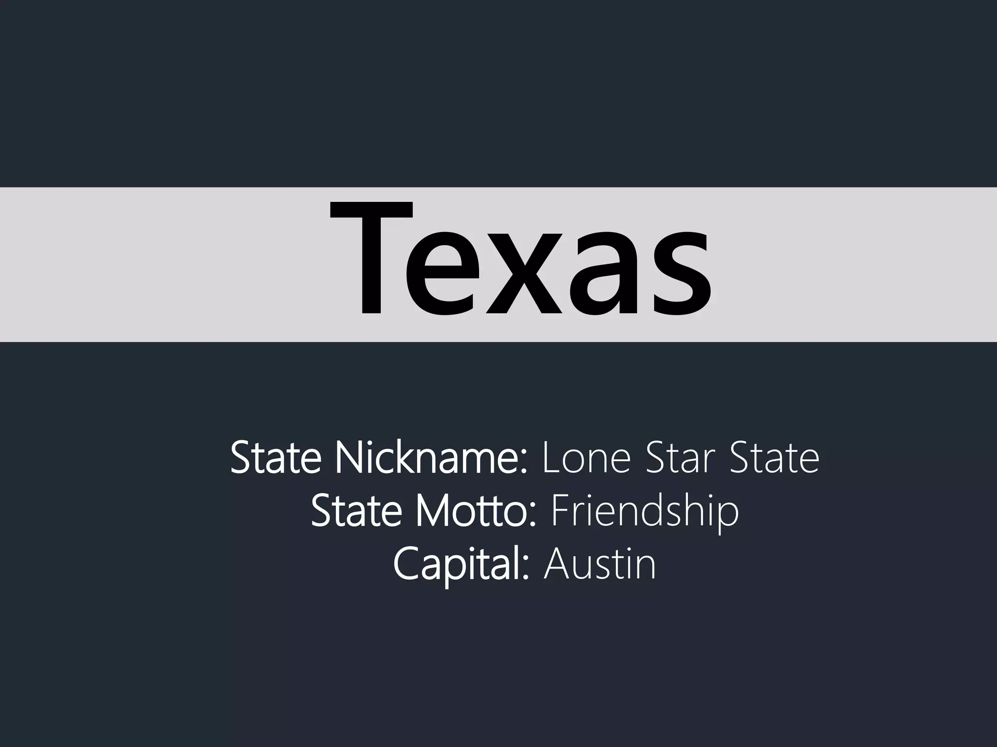 State Nickname: Lone Star State
State Motto: Friendship
Capital: Austin
Texas
 