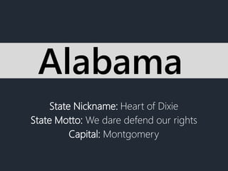 State Nickname: Heart of Dixie
State Motto: We dare defend our rights
Capital: Montgomery
Alabama
 