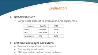 Evaluation
? QUT-NOISE-TIMIT:
? Large-scale dataset to evaluation SAD algorithms.
? Technical challenges and Future:
? Automatic adaptation to environment.
? Overlapping sound events.
? CNN approach to perform others problems.
Features Classifier HTER
Energy Threshold 26,3%
MFCC GMM-HMM 4,7 %
Spectrogram CNN 3,2%
 