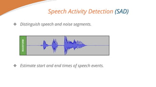 Speech Activity Detection (SAD)
? Distinguish speech and noise segments.
? Estimate start and end times of speech events.
WAVEFORM
 