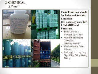 2. CHEMICAL
1) PVAc
PVAc Emulsion stands
for Polyvinyl Acetate
Emulsion.
It is normally used for
LPM MDF and
Furniture.
• Solid Content :
Between 35%~55%
• Monthly Producing
Capacity :
600Tons/Month
• The Product is from
Taiwan.
• Packing List: 1kg, 3kg,
5kg, 10kg, 50kg, 100kg,
200kg.
 