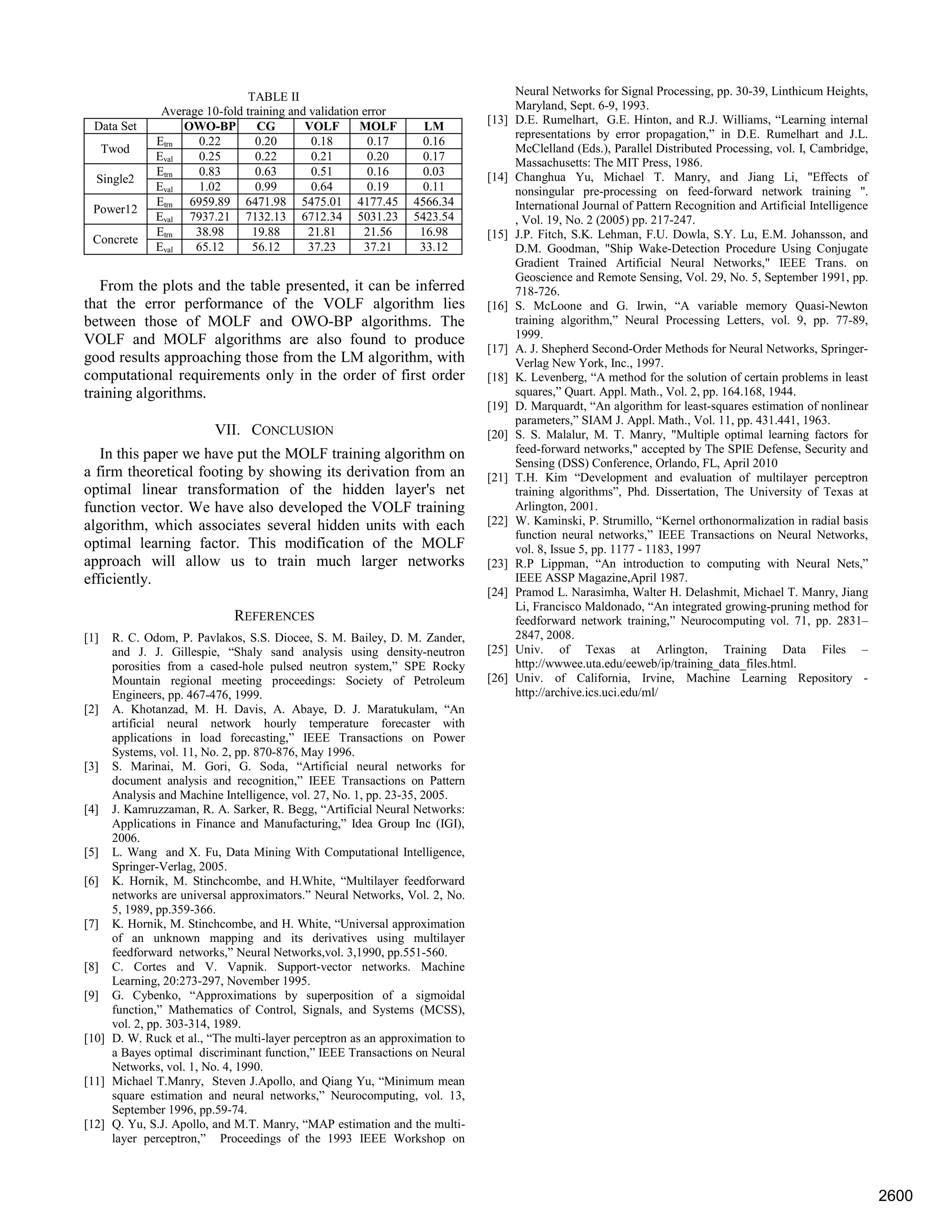 From the plots and the table presented, it can be inferred
that the error performance of the VOLF algorithm lies
between those of MOLF and OWO-BP algorithms. The
VOLF and MOLF algorithms are also found to produce
good results approaching those from the LM algorithm, with
computational requirements only in the order of first order
training algorithms.
VII. CONCLUSION
In this paper we have put the MOLF training algorithm on
a firm theoretical footing by showing its derivation from an
optimal linear transformation of the hidden layer's net
function vector. We have also developed the VOLF training
algorithm, which associates several hidden units with each
optimal learning factor. This modification of the MOLF
approach will allow us to train much larger networks
efficiently.
REFERENCES
[1] R. C. Odom, P. Pavlakos, S.S. Diocee, S. M. Bailey, D. M. Zander,
and J. J. Gillespie, “Shaly sand analysis using density-neutron
porosities from a cased-hole pulsed neutron system,” SPE Rocky
Mountain regional meeting proceedings: Society of Petroleum
Engineers, pp. 467-476, 1999.
[2] A. Khotanzad, M. H. Davis, A. Abaye, D. J. Maratukulam, “An
artificial neural network hourly temperature forecaster with
applications in load forecasting,” IEEE Transactions on Power
Systems, vol. 11, No. 2, pp. 870-876, May 1996.
[3] S. Marinai, M. Gori, G. Soda, “Artificial neural networks for
document analysis and recognition,” IEEE Transactions on Pattern
Analysis and Machine Intelligence, vol. 27, No. 1, pp. 23-35, 2005.
[4] J. Kamruzzaman, R. A. Sarker, R. Begg, “Artificial Neural Networks:
Applications in Finance and Manufacturing,” Idea Group Inc (IGI),
2006.
[5] L. Wang and X. Fu, Data Mining With Computational Intelligence,
Springer-Verlag, 2005.
[6] K. Hornik, M. Stinchcombe, and H.White, “Multilayer feedforward
networks are universal approximators.” Neural Networks, Vol. 2, No.
5, 1989, pp.359-366.
[7] K. Hornik, M. Stinchcombe, and H. White, “Universal approximation
of an unknown mapping and its derivatives using multilayer
feedforward networks,” Neural Networks,vol. 3,1990, pp.551-560.
[8] C. Cortes and V. Vapnik. Support-vector networks. Machine
Learning, 20:273-297, November 1995.
[9] G. Cybenko, “Approximations by superposition of a sigmoidal
function,” Mathematics of Control, Signals, and Systems (MCSS),
vol. 2, pp. 303-314, 1989.
[10] D. W. Ruck et al., “The multi-layer perceptron as an approximation to
a Bayes optimal discriminant function,” IEEE Transactions on Neural
Networks, vol. 1, No. 4, 1990.
[11] Michael T.Manry, Steven J.Apollo, and Qiang Yu, “Minimum mean
square estimation and neural networks,” Neurocomputing, vol. 13,
September 1996, pp.59-74.
[12] Q. Yu, S.J. Apollo, and M.T. Manry, “MAP estimation and the multi-
layer perceptron,” Proceedings of the 1993 IEEE Workshop on
Neural Networks for Signal Processing, pp. 30-39, Linthicum Heights,
Maryland, Sept. 6-9, 1993.
[13] D.E. Rumelhart, G.E. Hinton, and R.J. Williams, “Learning internal
representations by error propagation,” in D.E. Rumelhart and J.L.
McClelland (Eds.), Parallel Distributed Processing, vol. I, Cambridge,
Massachusetts: The MIT Press, 1986.
[14] Changhua Yu, Michael T. Manry, and Jiang Li, "Effects of
nonsingular pre-processing on feed-forward network training ".
International Journal of Pattern Recognition and Artificial Intelligence
, Vol. 19, No. 2 (2005) pp. 217-247.
[15] J.P. Fitch, S.K. Lehman, F.U. Dowla, S.Y. Lu, E.M. Johansson, and
D.M. Goodman, "Ship Wake-Detection Procedure Using Conjugate
Gradient Trained Artificial Neural Networks," IEEE Trans. on
Geoscience and Remote Sensing, Vol. 29, No. 5, September 1991, pp.
718-726.
[16] S. McLoone and G. Irwin, “A variable memory Quasi-Newton
training algorithm,” Neural Processing Letters, vol. 9, pp. 77-89,
1999.
[17] A. J. Shepherd Second-Order Methods for Neural Networks, Springer-
Verlag New York, Inc., 1997.
[18] K. Levenberg, “A method for the solution of certain problems in least
squares,” Quart. Appl. Math., Vol. 2, pp. 164.168, 1944.
[19] D. Marquardt, “An algorithm for least-squares estimation of nonlinear
parameters,” SIAM J. Appl. Math., Vol. 11, pp. 431.441, 1963.
[20] S. S. Malalur, M. T. Manry, "Multiple optimal learning factors for
feed-forward networks," accepted by The SPIE Defense, Security and
Sensing (DSS) Conference, Orlando, FL, April 2010
[21] T.H. Kim “Development and evaluation of multilayer perceptron
training algorithms”, Phd. Dissertation, The University of Texas at
Arlington, 2001.
[22] W. Kaminski, P. Strumillo, “Kernel orthonormalization in radial basis
function neural networks,” IEEE Transactions on Neural Networks,
vol. 8, Issue 5, pp. 1177 - 1183, 1997
[23] R.P Lippman, “An introduction to computing with Neural Nets,”
IEEE ASSP Magazine,April 1987.
[24] Pramod L. Narasimha, Walter H. Delashmit, Michael T. Manry, Jiang
Li, Francisco Maldonado, “An integrated growing-pruning method for
feedforward network training,” Neurocomputing vol. 71, pp. 2831–
2847, 2008.
[25] Univ. of Texas at Arlington, Training Data Files –
http://wwwee.uta.edu/eeweb/ip/training_data_files.html.
[26] Univ. of California, Irvine, Machine Learning Repository -
http://archive.ics.uci.edu/ml/
TABLE II
Average 10-fold training and validation error
Data Set OWO-BP CG VOLF MOLF LM
Twod
Etrn 0.22 0.20 0.18 0.17 0.16
Eval 0.25 0.22 0.21 0.20 0.17
Single2
Etrn 0.83 0.63 0.51 0.16 0.03
Eval 1.02 0.99 0.64 0.19 0.11
Power12
Etrn 6959.89 6471.98 5475.01 4177.45 4566.34
Eval 7937.21 7132.13 6712.34 5031.23 5423.54
Concrete
Etrn 38.98 19.88 21.81 21.56 16.98
Eval 65.12 56.12 37.23 37.21 33.12
2600
 