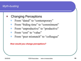 Myth-busting Changing Perceptions From “dated” to “contemporary” From “biding time” to “commitment” From “unproductive” to “productive” From “cost” to “value” From “peer mismatch” to “colleague ” How would you change perceptions? 