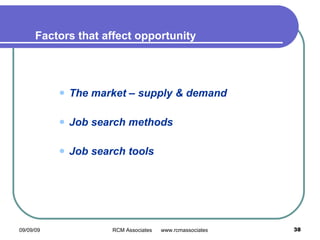 Factors that affect opportunity The market – supply & demand Job search methods Job search tools 
