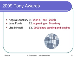 2009 Tony Awards Angela Lansbury 84:  Won a Tony ( 2009) Jane Fonda 72:  appearing on Broadway Liza Minnelli 63 :  2009 show dancing and singing 
