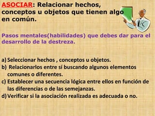 ASOCIAR : Relacionar hechos, conceptos u objetos que tienen algo en común. Pasos mentales(habilidades) que debes dar para el desarrollo de la destreza. Seleccionar hechos , conceptos u objetos. Relacionarlos entre sí buscando algunos elementos comunes o diferentes. Establecer una secuencia lógica entre ellos en función de las diferencias o de las semejanzas. Verificar si la asociación realizada es adecuada o no. 