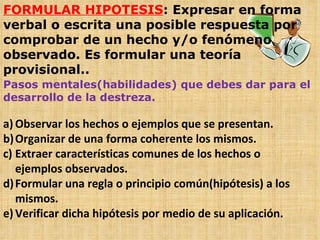 FORMULAR HIPOTESIS : Expresar en forma verbal o escrita una posible respuesta por comprobar de un hecho y/o fenómeno observado. Es formular una teoría provisional.. Pasos mentales(habilidades) que debes dar para el desarrollo de la destreza. Observar los hechos o ejemplos que se presentan. Organizar de una forma coherente los mismos. Extraer características comunes de los hechos o ejemplos observados. Formular una regla o principio común(hipótesis) a los mismos. Verificar dicha hipótesis por medio de su aplicación. 