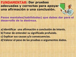 FUNDAMENTAR : Dar pruebas adecuadas y correctas para apoyar una afirmación o una conclusión. Pasos mentales(habilidades) que debes dar para el desarrollo de la destreza. Identificar  una afirmación o conclusión de interés. Tratar de entender su significado profundo. Explicar sus causas y/o consecuencias. Valorar el peso de las pruebas o argumentos dados. 