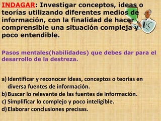 INDAGAR : Investigar conceptos, ideas o teorías utilizando diferentes medios de información, con la finalidad de hacer comprensible una situación compleja y poco entendible. Pasos mentales(habilidades) que debes dar para el desarrollo de la destreza. Identificar y reconocer ideas, conceptos o teorías en diversa fuentes de información. Buscar lo relevante de las fuentes de información. Simplificar lo complejo y poco inteligible. Elaborar conclusiones precisas. 